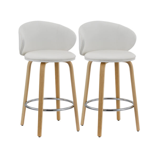 Set of Two 26" White and Brown Faux Leather and Solid Wood Low Back Counter Height Bar Chairs