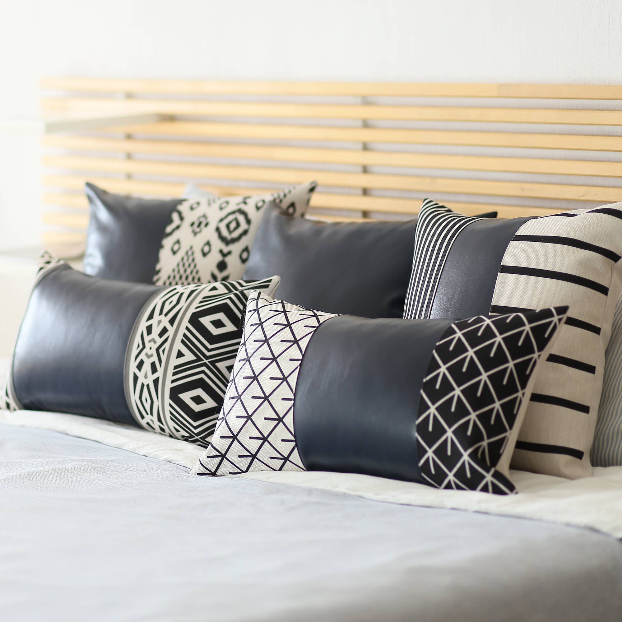 Set Of Two 20" X 12" Navy Blue Faux Leather Diamond Zippered Pillow - Image 2