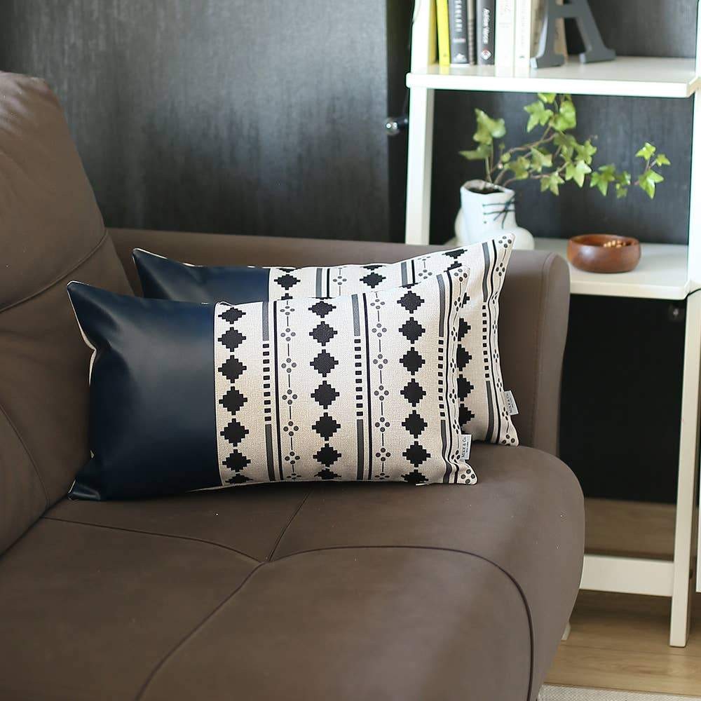 Set Of Two 20" X 12" Navy Blue Faux Leather Diamond Zippered Pillow - Image 4