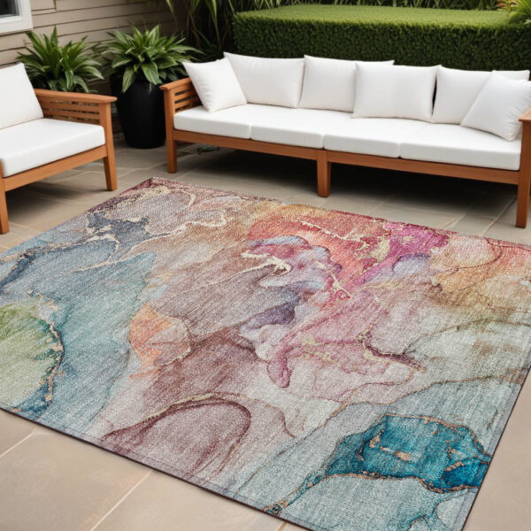 9' X 12' Blue Abstract Washable Non Skid Indoor Outdoor Area Rug