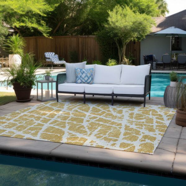 9' X 12' Gold and White Abstract Washable Non Skid Indoor Outdoor Area Rug