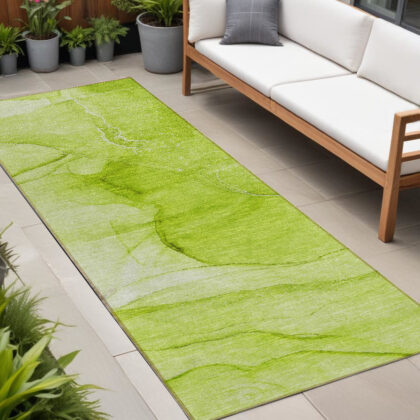 8' Runner Green Abstract Washable Non Skid Indoor Outdoor Runner Rug