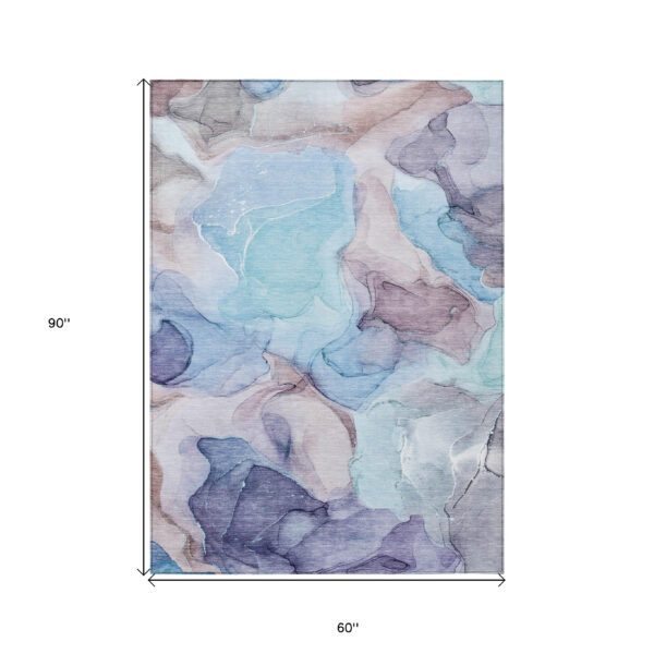 5' X 8' Blue Abstract Washable Non Skid Indoor Outdoor Area Rug