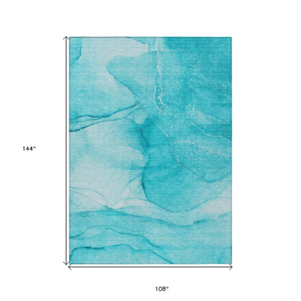 9' X 12' Teal Abstract Washable Non Skid Indoor Outdoor Area Rug