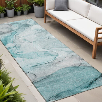 8' Runner Gray and Ivory Abstract Washable Non Skid Indoor Outdoor Runner Rug