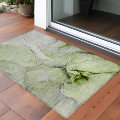 2' X 3' Green Abstract Washable Non Skid Indoor Outdoor Area Rug