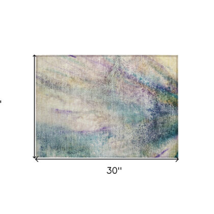 2' X 3' Beige Blue and Gray Abstract Washable Non Skid Indoor Outdoor Area Rug