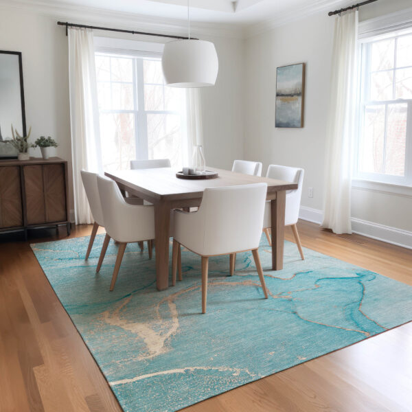 8' X 10' Teal Abstract Washable Non Skid Indoor Outdoor Area Rug