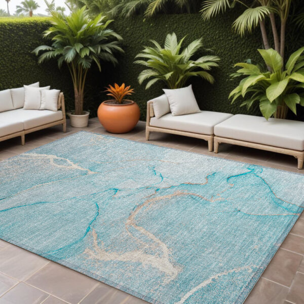 8' X 10' Teal Abstract Washable Non Skid Indoor Outdoor Area Rug