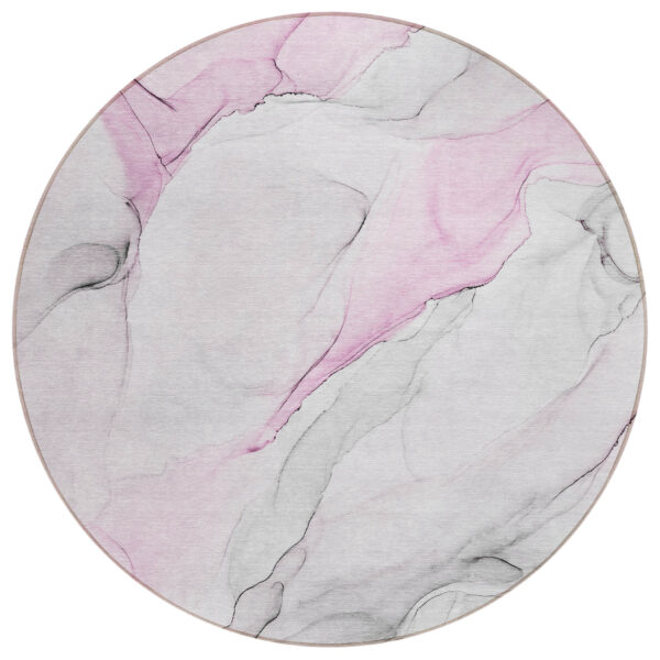 8' Round Gray and Pink Round Abstract Washable Non Skid Indoor Outdoor Area Rug