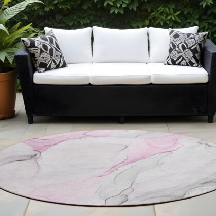 8' Round Gray and Pink Round Abstract Washable Non Skid Indoor Outdoor Area Rug