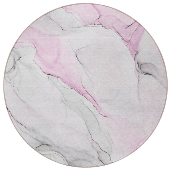 8' Round Gray and Pink Round Abstract Washable Non Skid Indoor Outdoor Area Rug