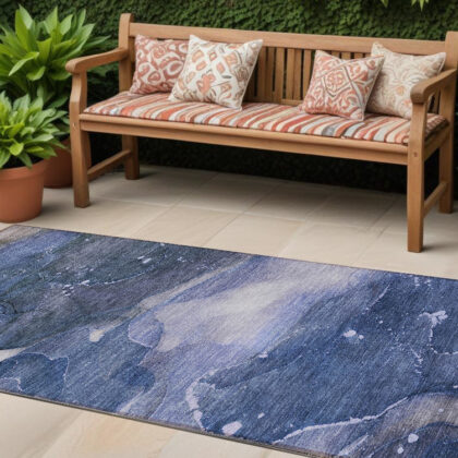 8' Runner Blue Abstract Washable Non Skid Indoor Outdoor Runner Rug