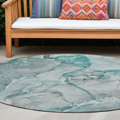 8' Round Gray and Ivory Round Abstract Washable Non Skid Indoor Outdoor Area Rug