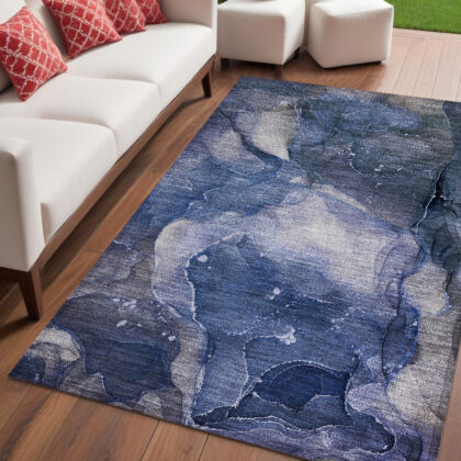 5' X 8' Blue Abstract Washable Non Skid Indoor Outdoor Area Rug