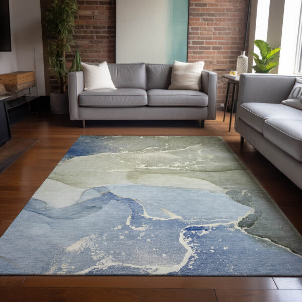 9' X 12' Blue and Green Abstract Washable Indoor Outdoor Area Rug