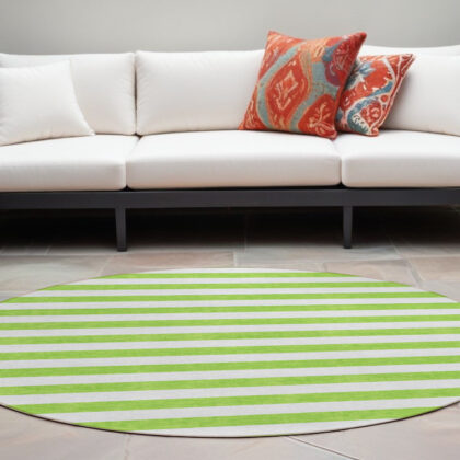 8' Round Green and White Round Striped Washable Non Skid Indoor Outdoor Area Rug