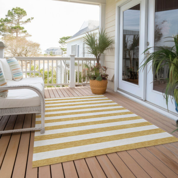 8' X 10' Gold Striped Washable Non Skid Indoor Outdoor Area Rug