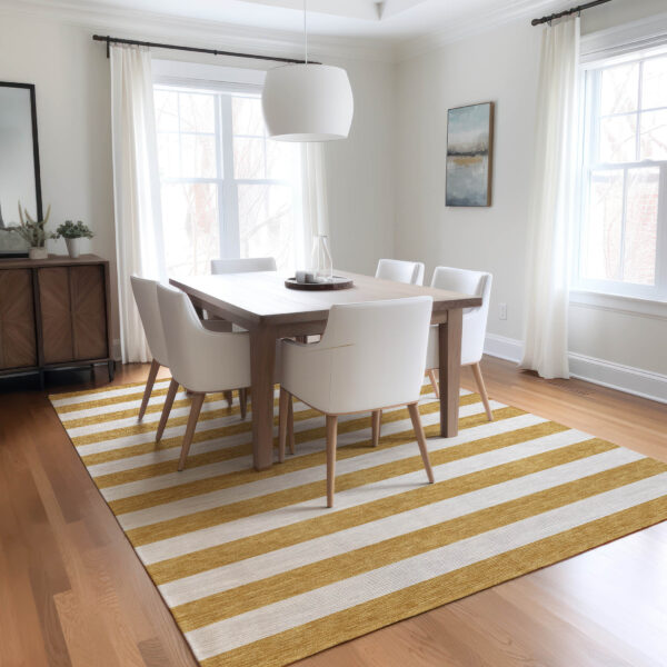 8' X 10' Gold Striped Washable Non Skid Indoor Outdoor Area Rug