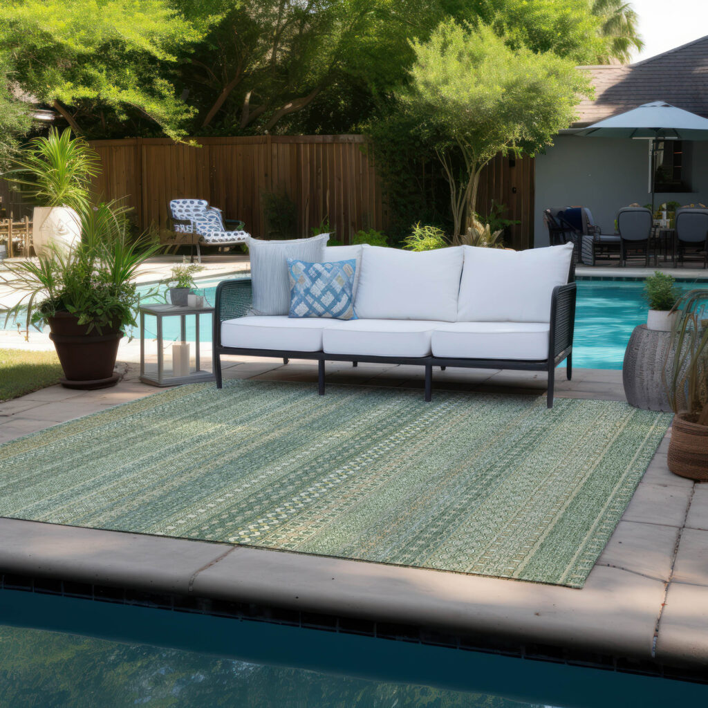 9' X 12' Artichoke Green Striped Washable Non Skid Indoor Outdoor Area Rug