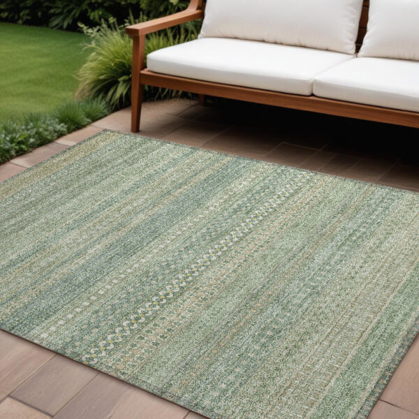 9' X 12' Artichoke Green Striped Washable Non Skid Indoor Outdoor Area Rug