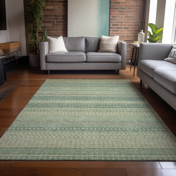 9' X 12' Artichoke Green Striped Washable Non Skid Indoor Outdoor Area Rug