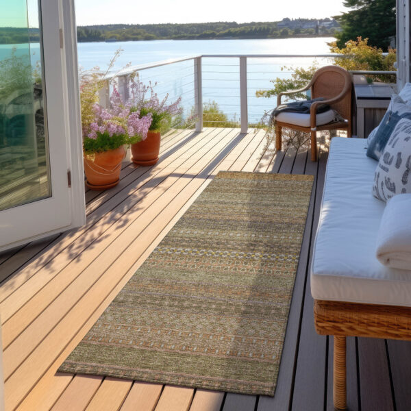 2' X 8' Khaki Striped Washable Indoor Outdoor Runner Rug