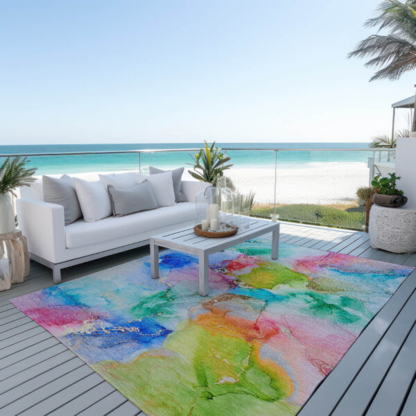 10' X 14' Blue Pink and Green Abstract Washable Indoor Outdoor Area Rug