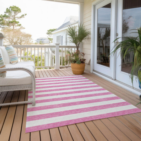 5' X 8' Pink and White Striped Washable Non Skid Indoor Outdoor Area Rug