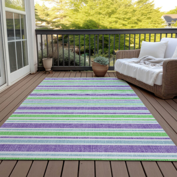 3' X 5' Green Purple and Blue Striped Washable Non Skid Indoor Outdoor Area Rug