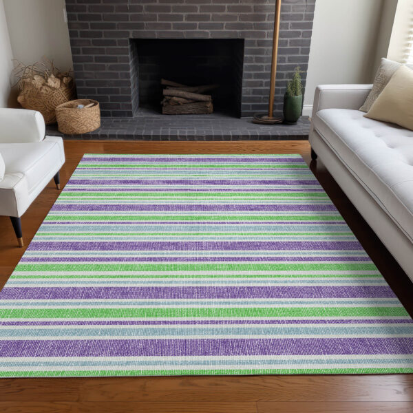 3' X 5' Green Purple and Blue Striped Washable Non Skid Indoor Outdoor Area Rug