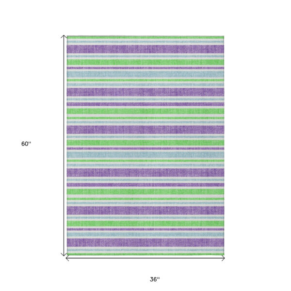 3' X 5' Green Purple and Blue Striped Washable Non Skid Indoor Outdoor Area Rug