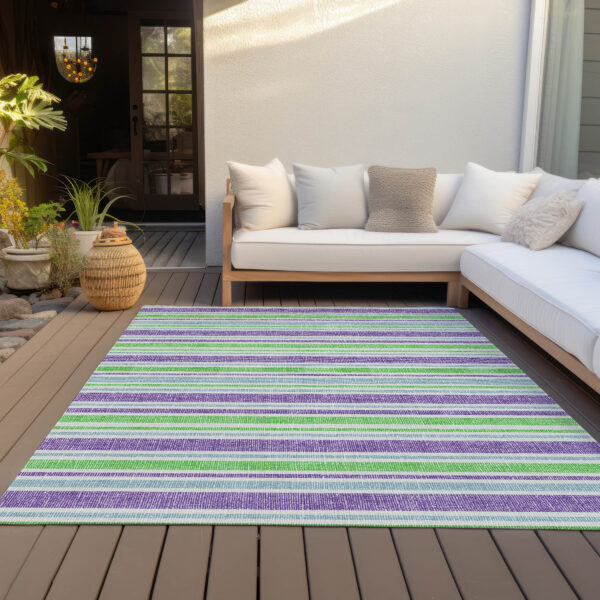 3' X 5' Green Purple and Blue Striped Washable Non Skid Indoor Outdoor Area Rug