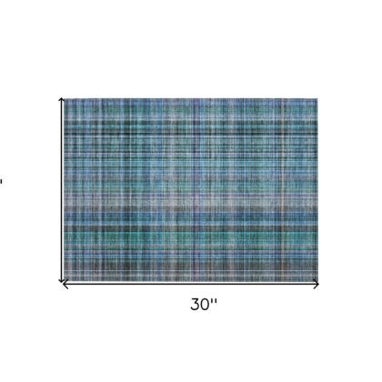 2' X 3' Blue Teal and Gray Plaid Washable Non Skid Indoor Outdoor Area Rug