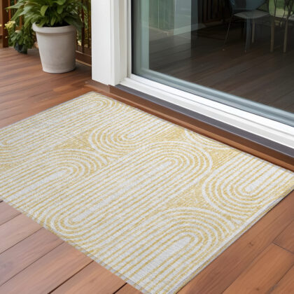 3' X 5' Gold and White Abstract Washable Non Skid Indoor Outdoor Area Rug