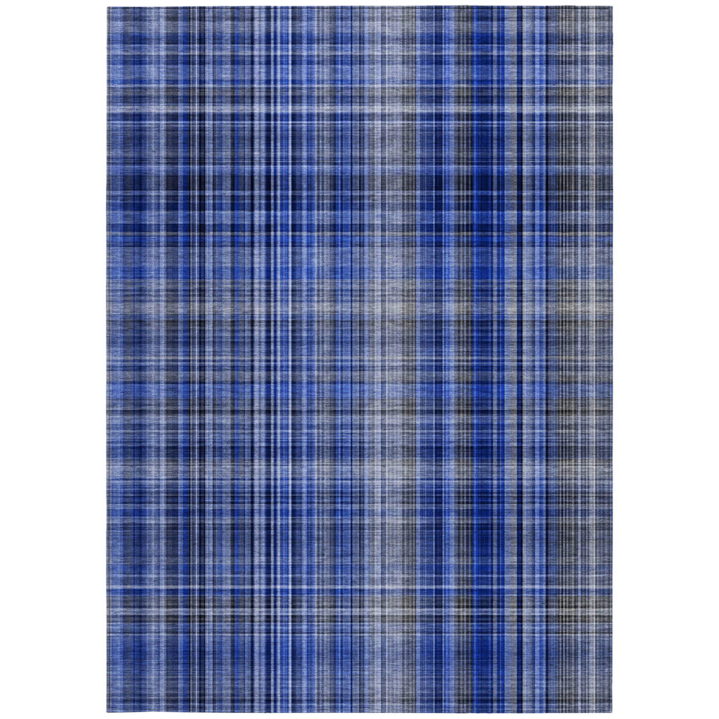 10' X 14' Navy Blue Plaid Washable Non Skid Indoor Outdoor Area Rug