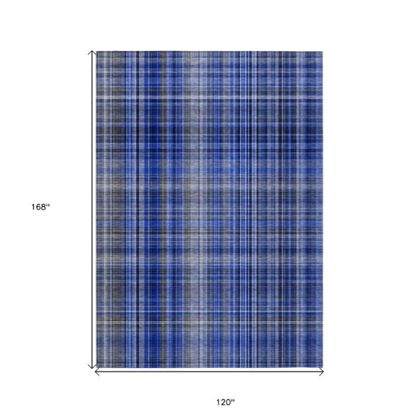 10' X 14' Navy Blue Plaid Washable Non Skid Indoor Outdoor Area Rug
