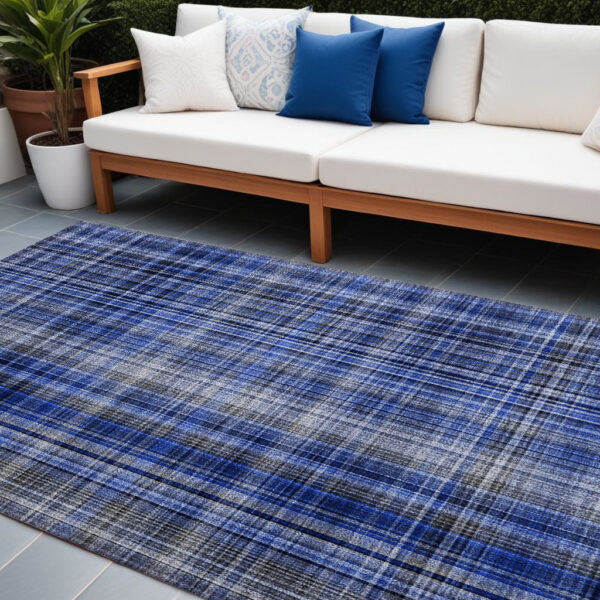 10' X 14' Navy Blue Plaid Washable Non Skid Indoor Outdoor Area Rug