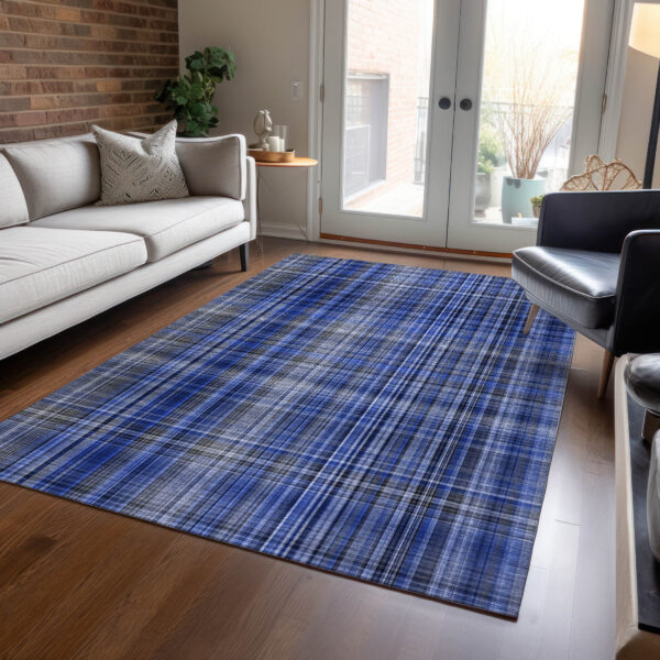 10' X 14' Navy Blue Plaid Washable Non Skid Indoor Outdoor Area Rug