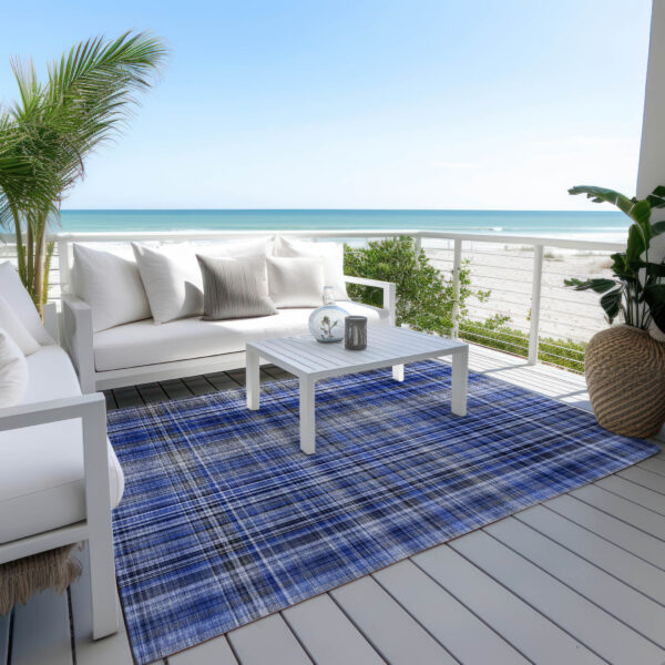 10' X 14' Navy Blue Plaid Washable Non Skid Indoor Outdoor Area Rug