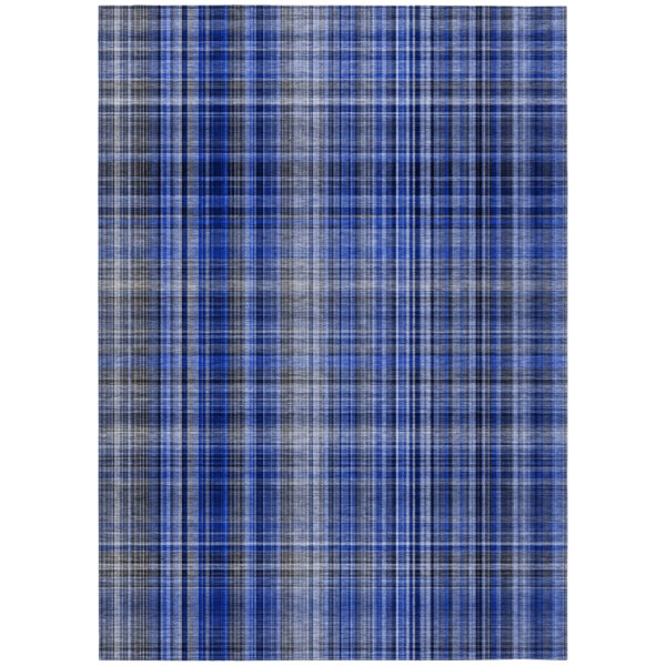 10' X 14' Navy Blue Plaid Washable Non Skid Indoor Outdoor Area Rug