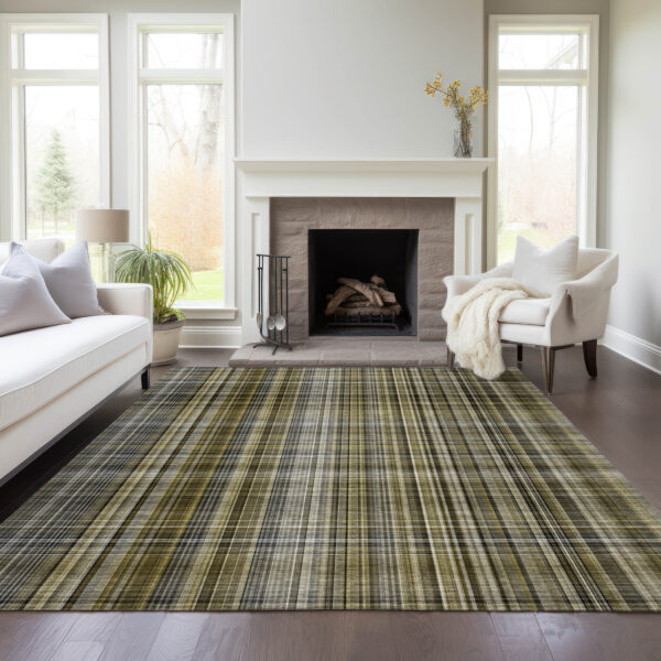 10' X 14' Green Beige and Gray Plaid Washable Non Skid Indoor Outdoor Area Rug