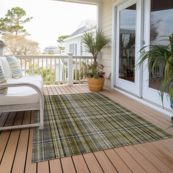 10' X 14' Green Beige and Gray Plaid Washable Non Skid Indoor Outdoor Area Rug