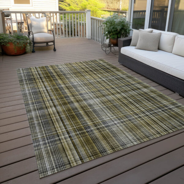 10' X 14' Green Beige and Gray Plaid Washable Non Skid Indoor Outdoor Area Rug