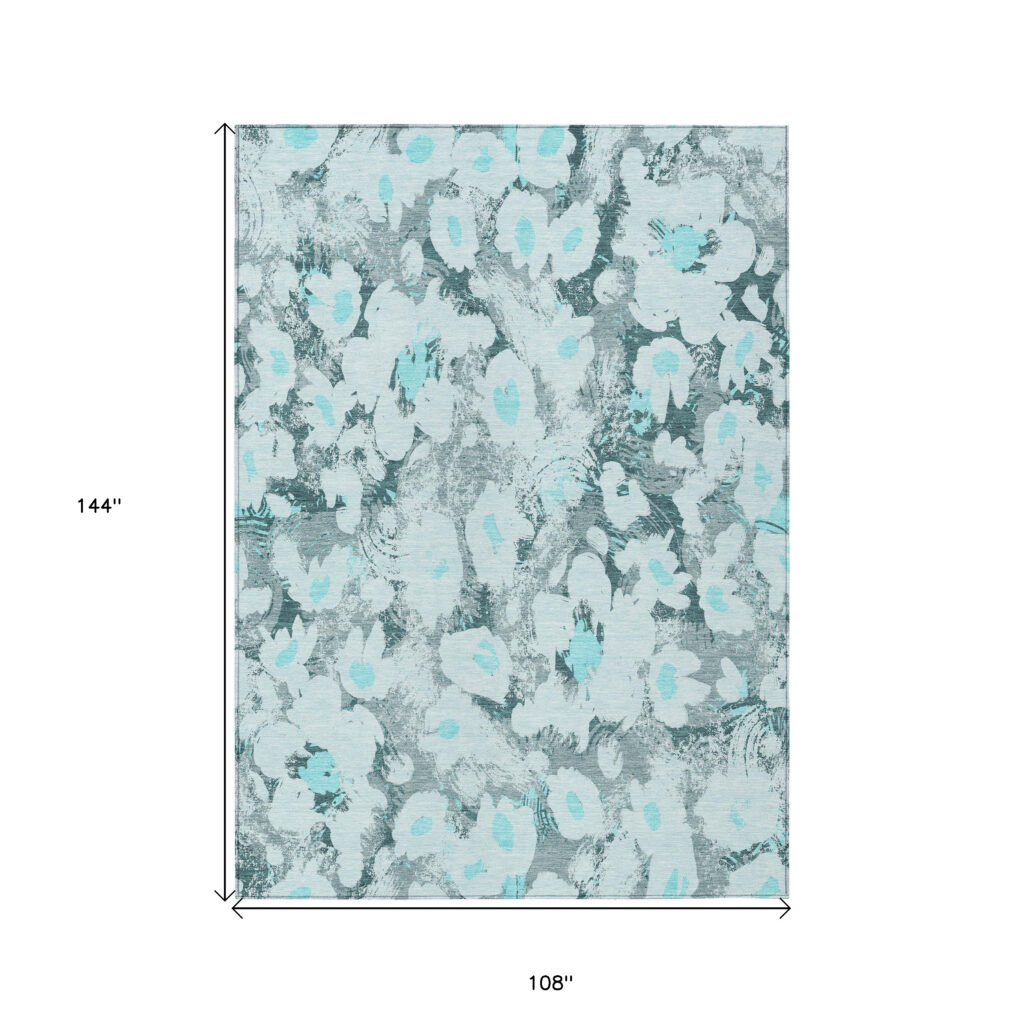 9' X 12' Teal Floral Washable Non Skid Indoor Outdoor Area Rug
