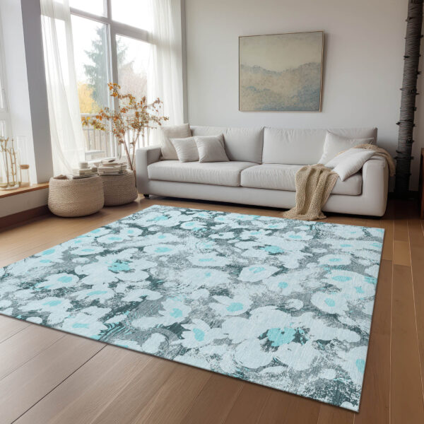 9' X 12' Teal Floral Washable Non Skid Indoor Outdoor Area Rug