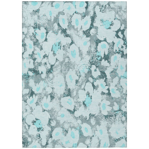 9' X 12' Teal Floral Washable Non Skid Indoor Outdoor Area Rug