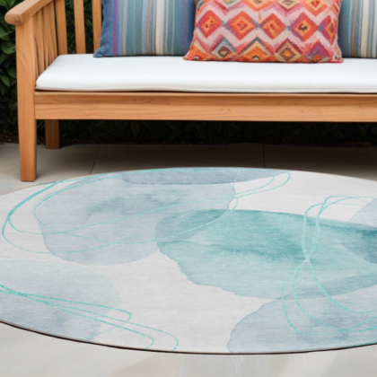 8' Round Teal and Ivory Round Abstract Washable Non Skid Indoor Outdoor Area Rug