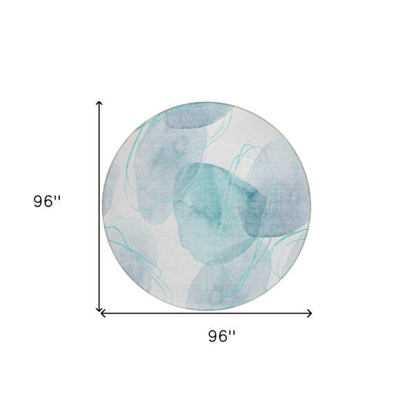 8' Round Teal and Ivory Round Abstract Washable Non Skid Indoor Outdoor Area Rug