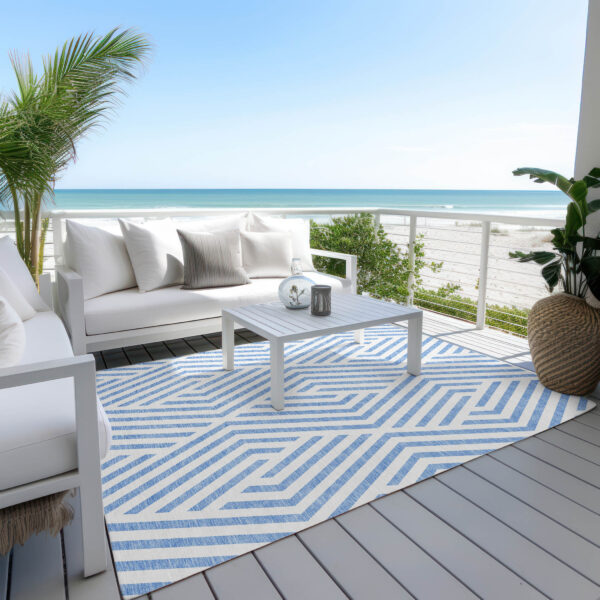 9' X 12' Blue and Ivory Geometric Washable Non Skid Indoor Outdoor Area Rug